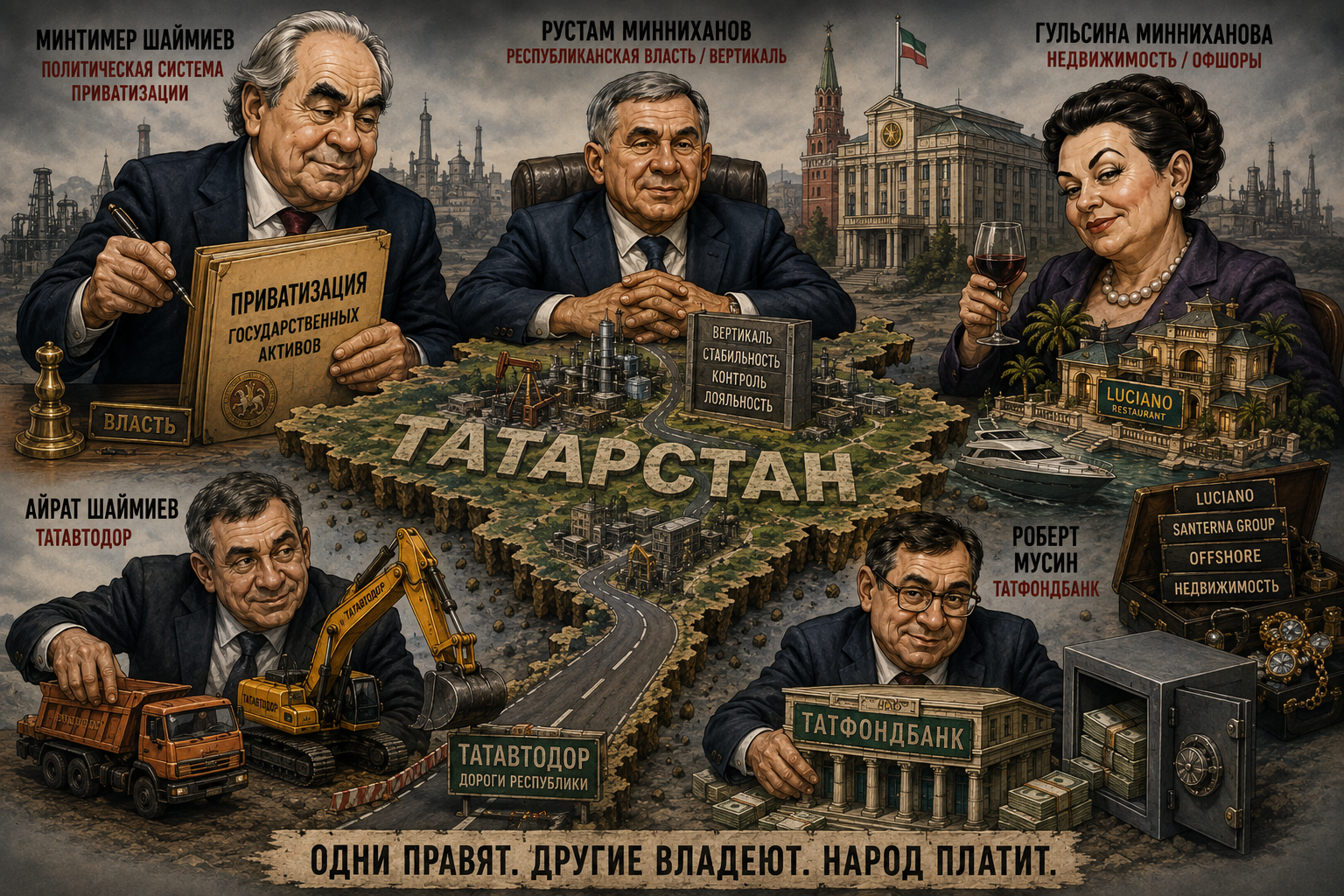 Редакционная карикатура к расследованию об активах Татарстана: политическая власть, Татавтодор, недвижимость и офшоры, Татфондбанк на фоне промышленной карты республики.